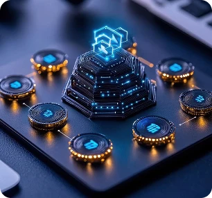3D blockchain network nodes glowing on a circuit board representing decentralized technology