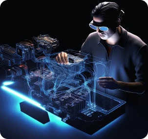 AR VR engineer interacting with a holographic 3D interface in a dark futuristic environment