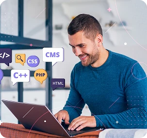 Full stack developer coding on laptop surrounded by CSS, PHP, HTML, CMS and C++ technology icons