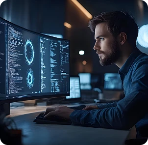 Software engineer reviewing code on a large curved monitor in a dark workspace