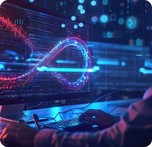 Glowing digital infinity loop representing continuous software development and DevOps